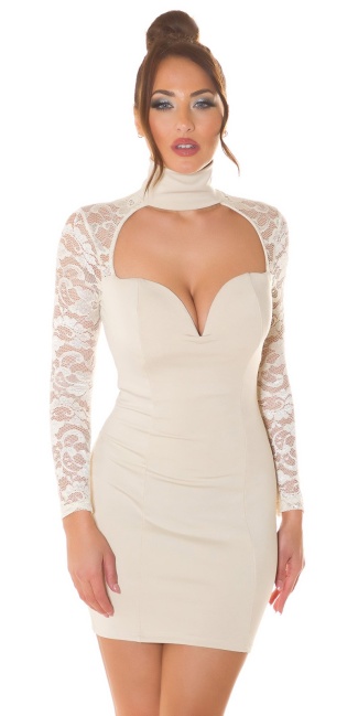mini dress long sleeve with lace Beige